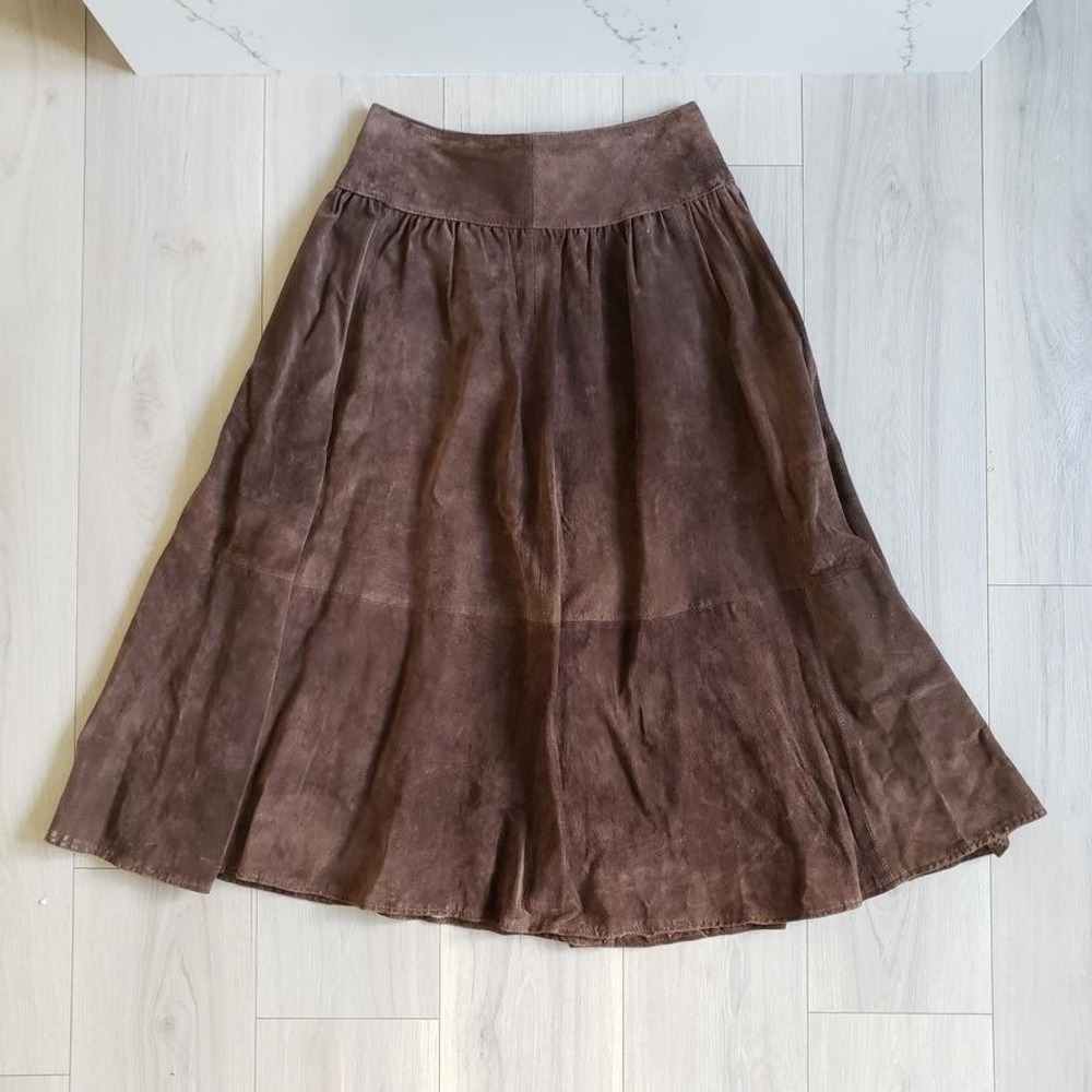 Vintage Suede Skirt Womens 10 Brown Mid-Rise Flared JFS Signature‎ Leather Midi